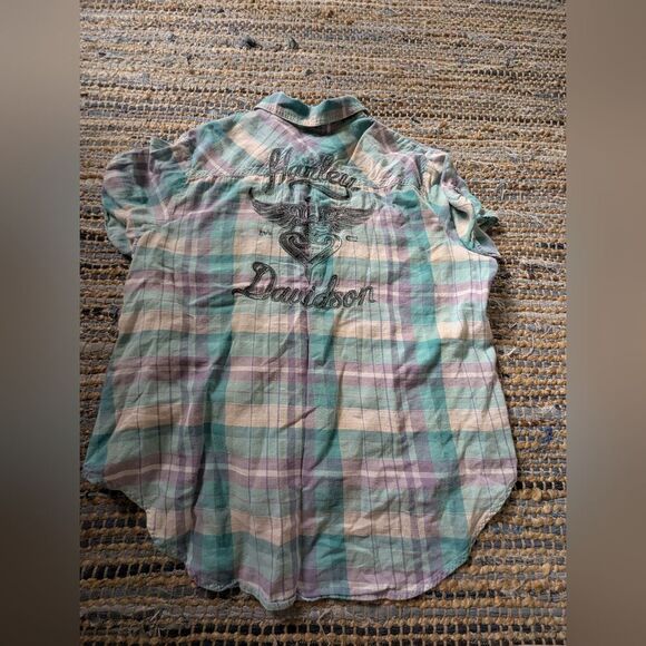 Harley-Davidson Plaid Button Front Shirt M Purple Aqua Western Y2K Bikercore - Picture 6 of 6